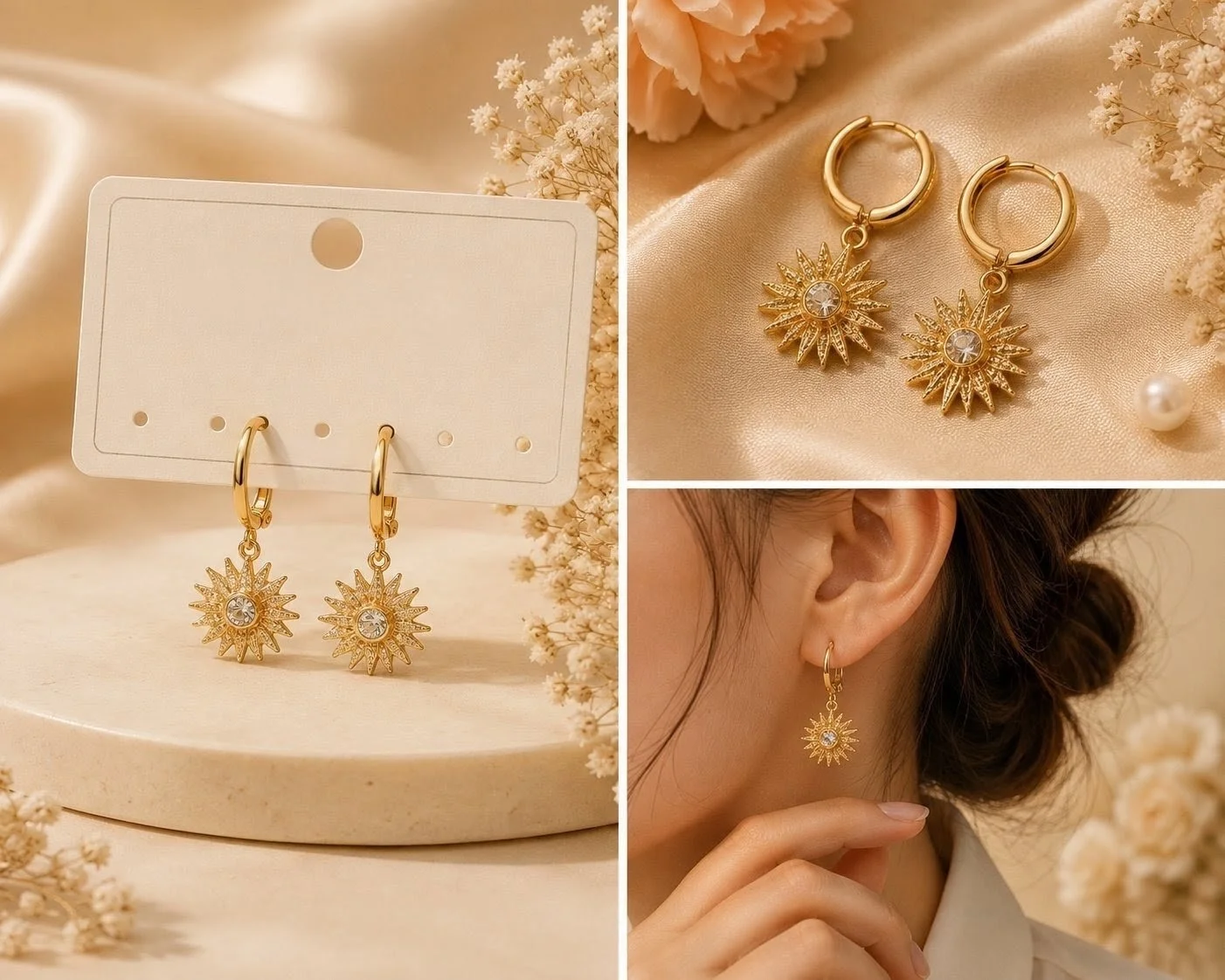 Gold Sunburst Charm Huggie Hoop Earrings